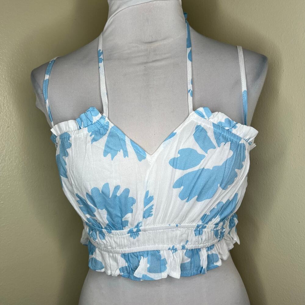 Paradise USA Crop Top LARGE Cami Blue Floral Halter Ruffle V-Neck NEW Tropical
